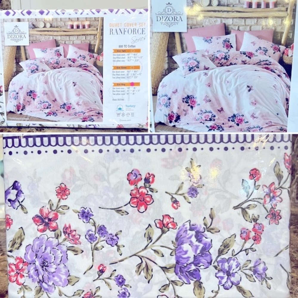 NWT-100% Turkish Cotton-KING Bed-4 Piece Floral Duvet Cover Set-Ranforce Series
